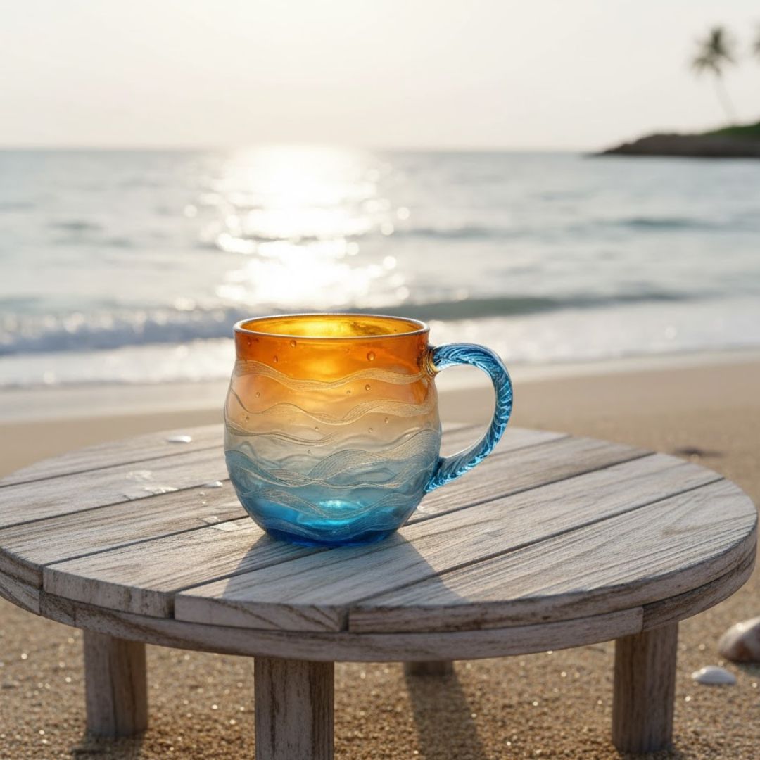 Sonnenkuss Tasse auf einem Holztisch am Strand bei Sonnenuntergang
