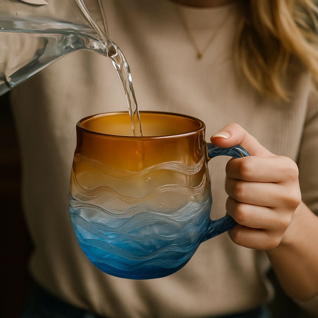 Heißes Wasser wird aus einer Glaskanne in die Sonnenkuss Tasse gegossen