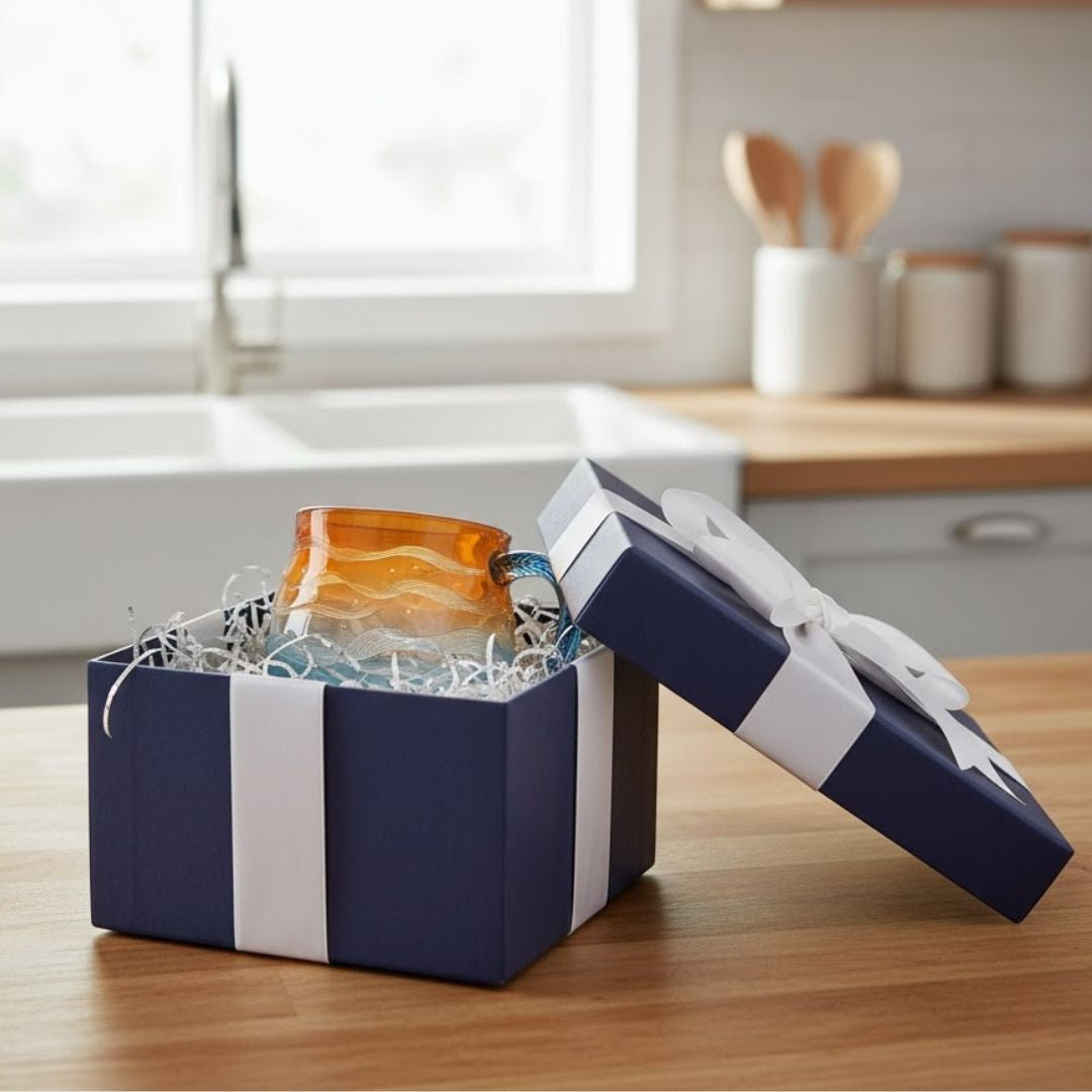 Sonnenkuss Tasse in einer Geschenkbox auf einer Küchenarbeitsplatte
